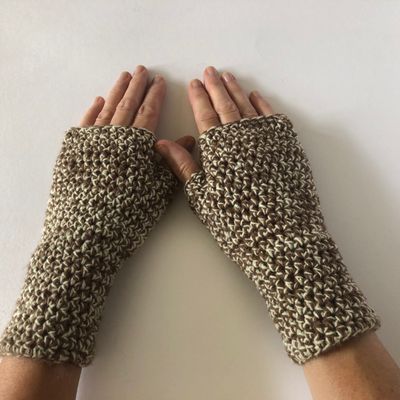 &quot;women&#39;s long cuff brown and pale yellow handmade crochet fingerless gloves&quot;