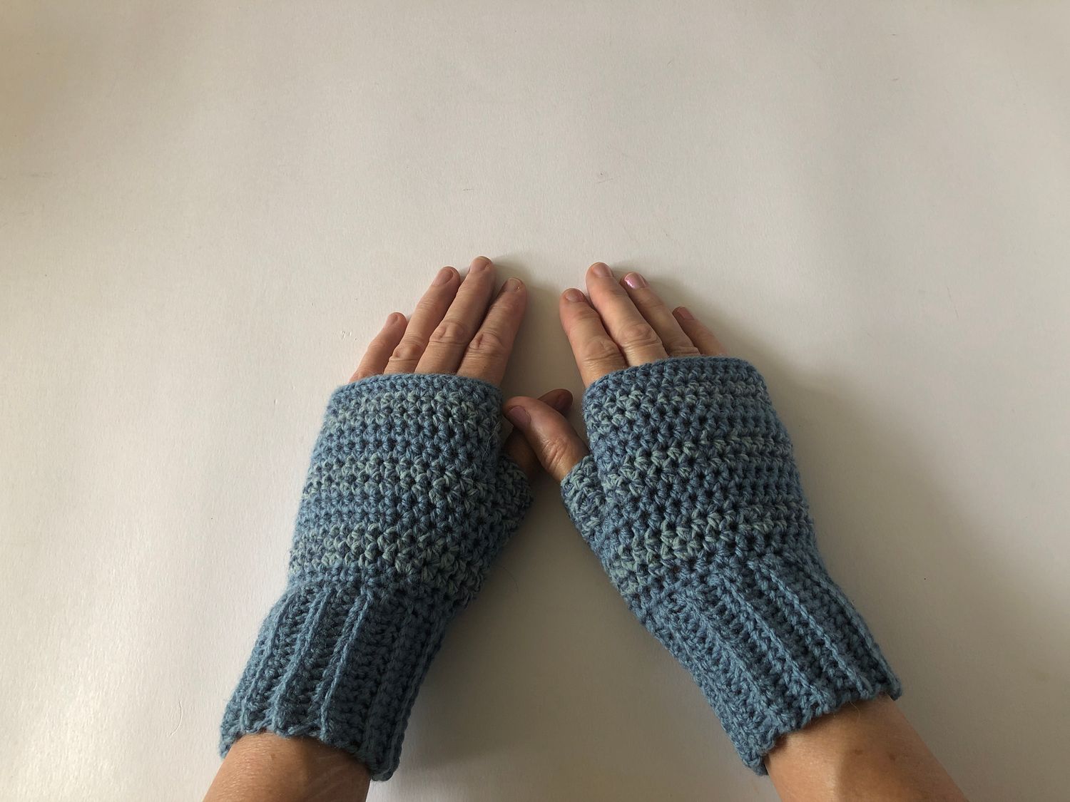 &quot;women&#39;s two tone ocean blue striped handmade crochet fingerless gloves&quot;