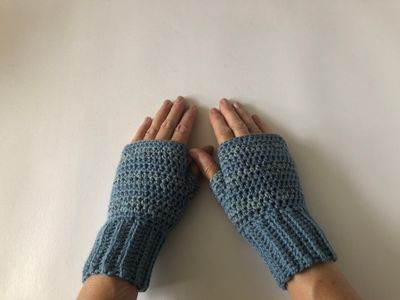 &quot;women&#39;s two tone ocean blue striped handmade crochet fingerless gloves&quot;