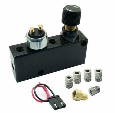 Adjustable Proportioning Valve Distribution Block Disc Drum Brake Street Rod BLACK Anodized with fittings and pressure switch pig tail