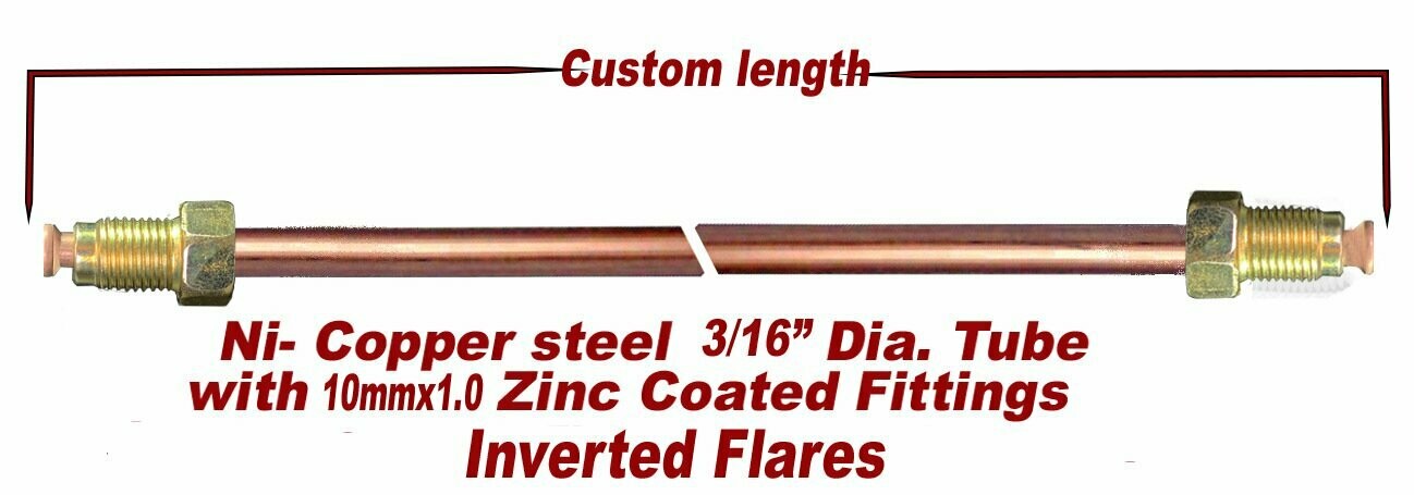 3/16" Nickel Copper (Ni-Cop) line with Stainless Steel 10mm x 1.0 Inverted flares, both ends, pre-cut to length 6" to 84".