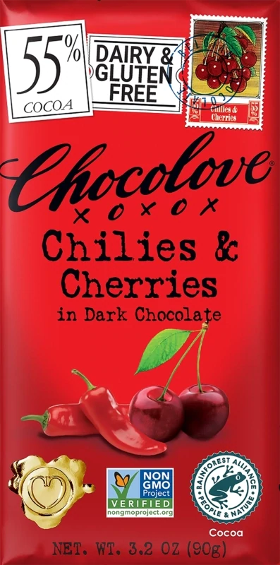 Chocolove Chilies & Cherries in Dark Chocolate Bar