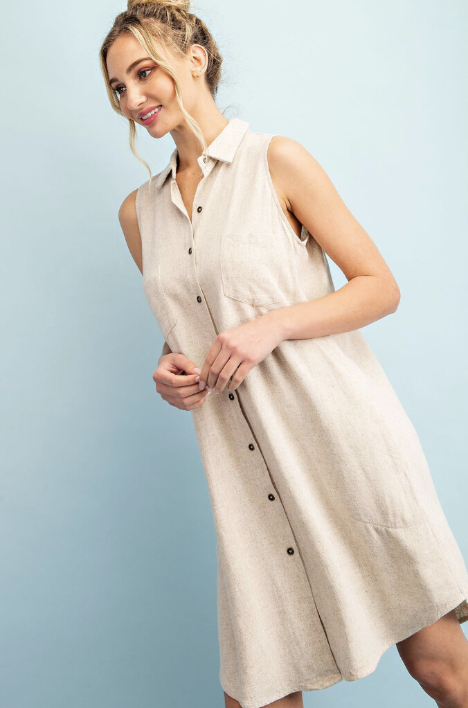LINEN SLEEVELESS BUTTON DOWN SHIRT DRESS