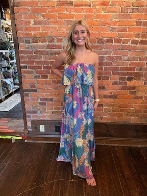 Tropical Print Strapless Maxi Dress