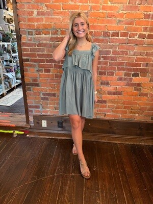 Wing Sleeve Textured Cotton dress - Moss