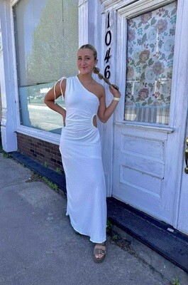 Ruched Single Shoulder Mixi Dress w/ Cut Out