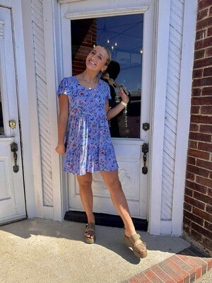 Wing Short Sleeve Printed Dress- Peri Blue