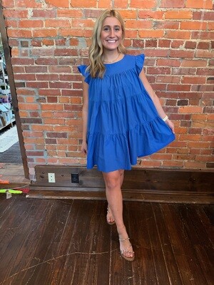 Cap Sleeve Tiered Poplin Dress - Royal Blue