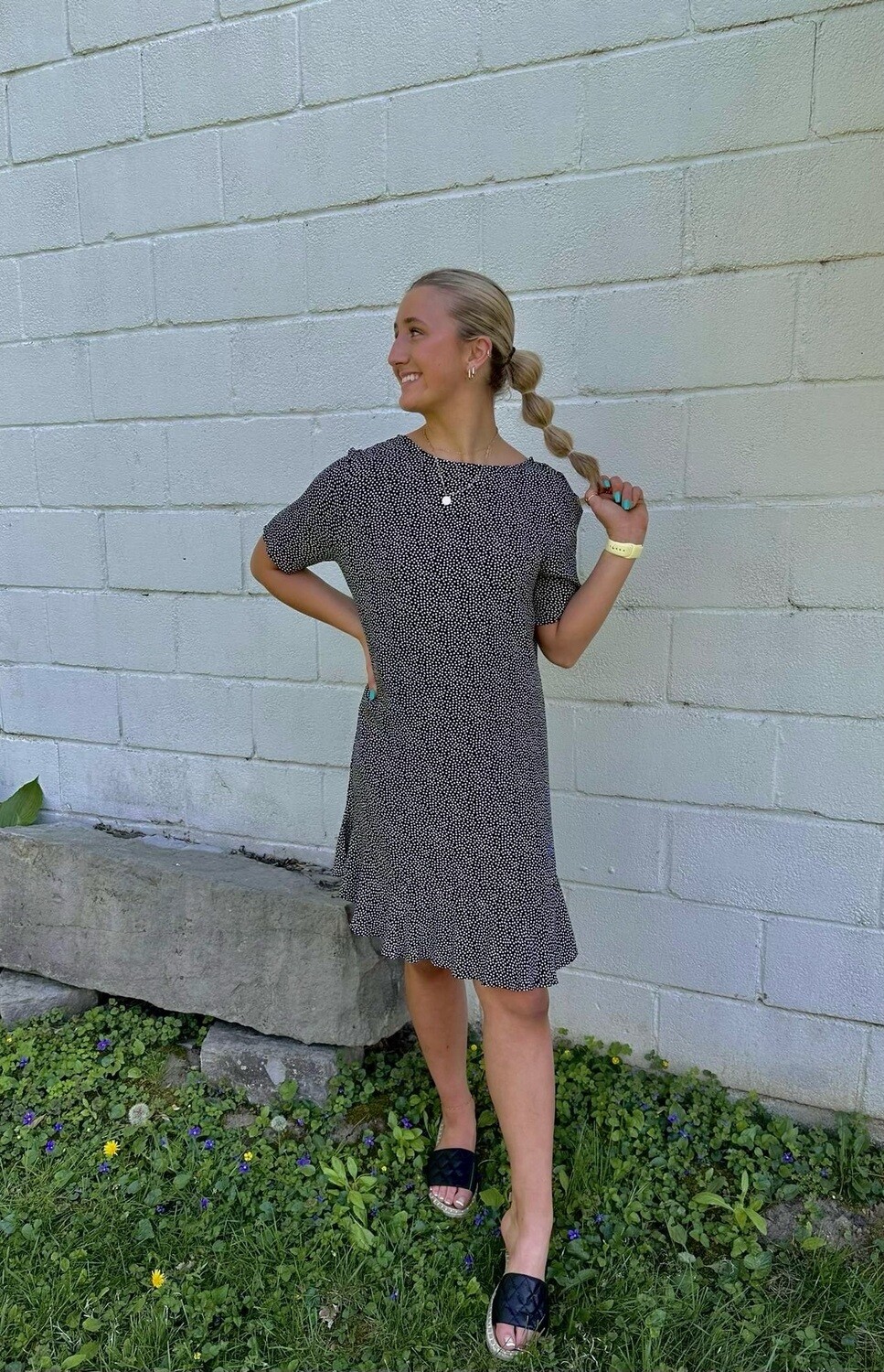 Rayon Polka Dots Dress - Blk/Wht