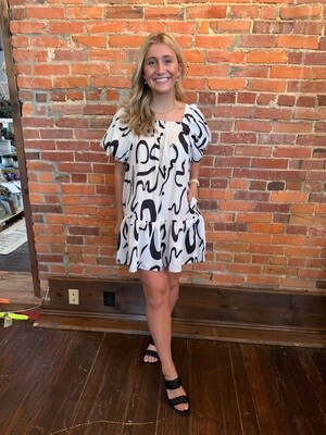 Print Sq Neck Bubble Slv Tiered Mini Dress - Cream