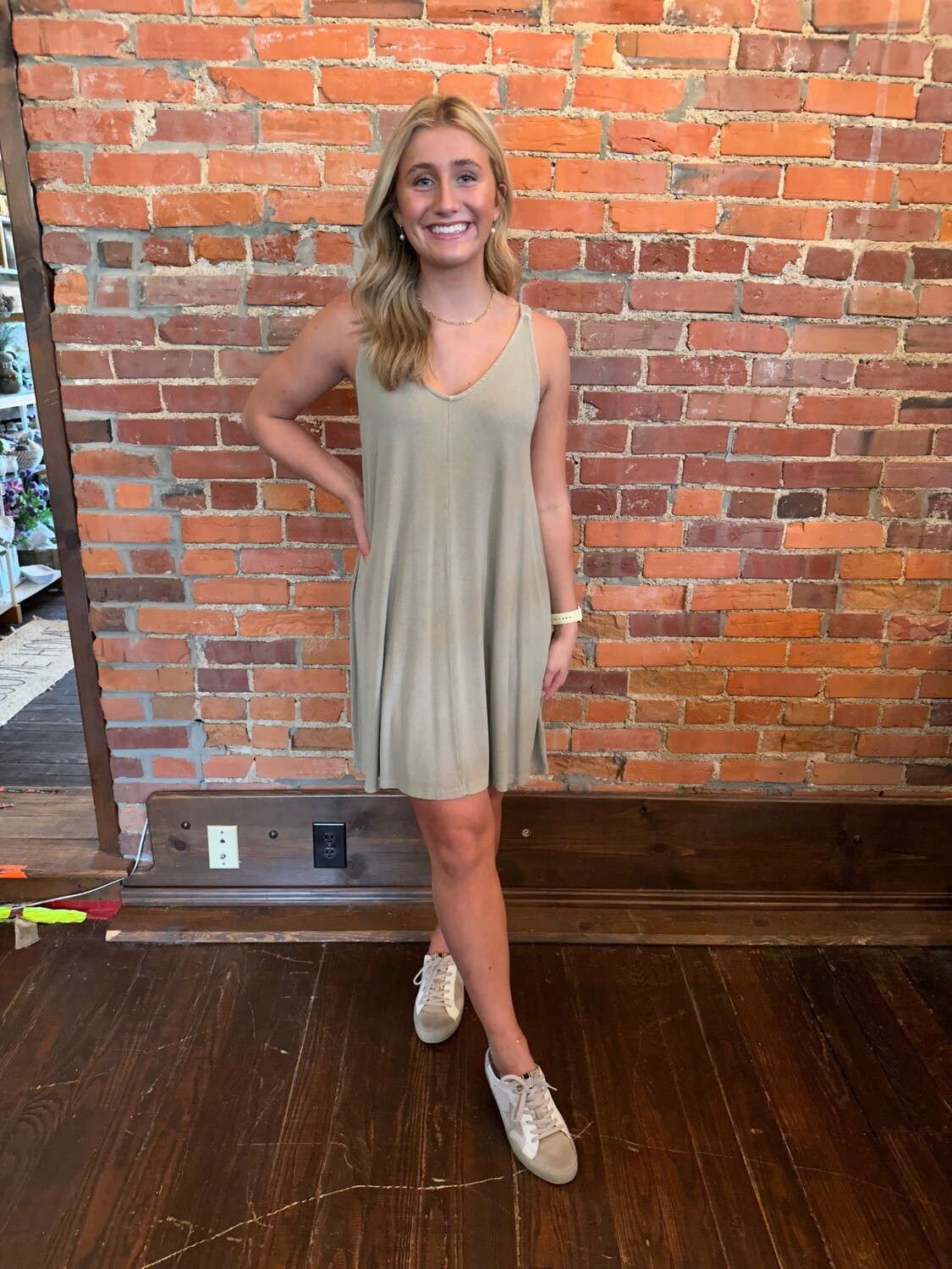 Ribbed  V-Neck Knit Dress w/Center Hem Detail