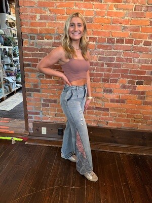 Washed Denim Print Contrast Detailing Pant