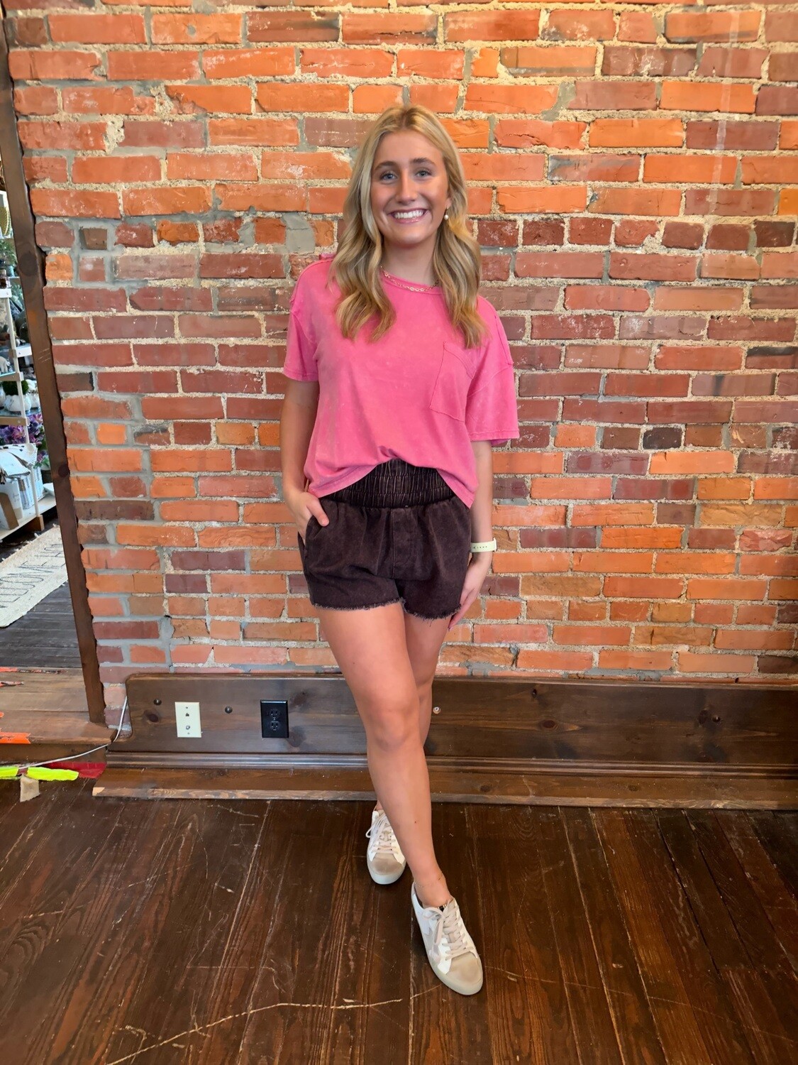 High Waist Washed Twill Mini Shorts