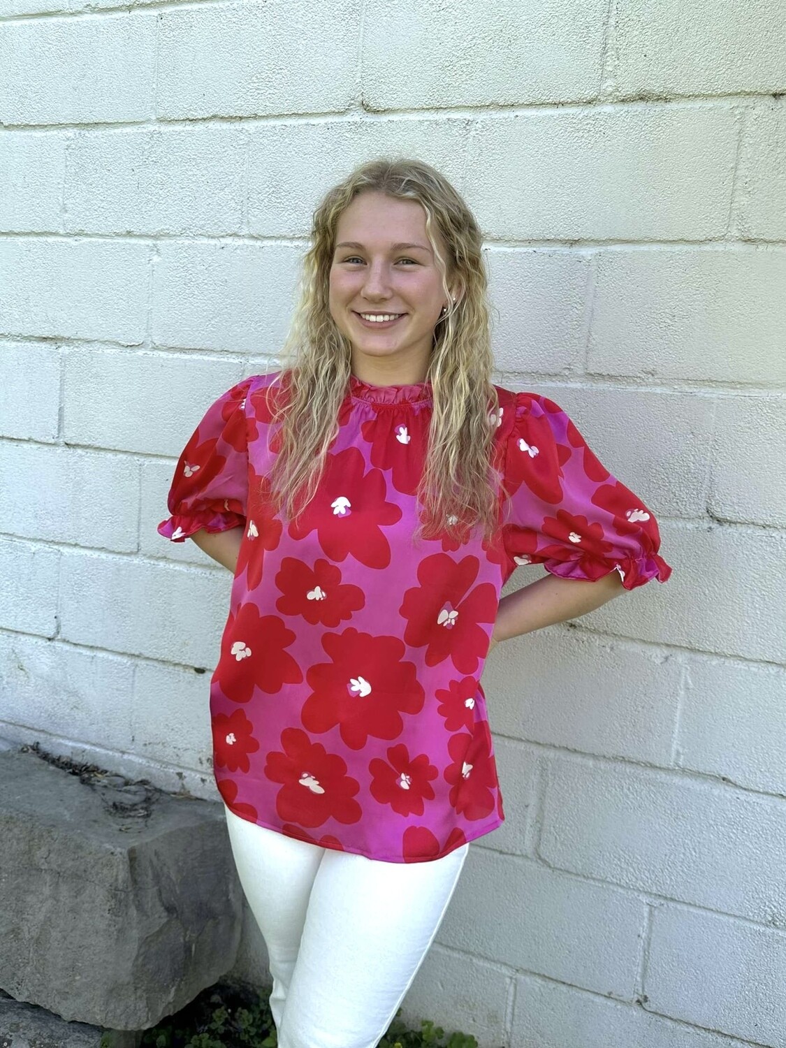 Floral Print Mock Neck 1/2  Sleeve Top -Pink Red