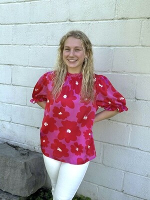 Floral Print Mock Neck 1/2  Sleeve Top -Pink Red