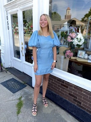 Shiny Satin Puff Sleeve Dress
