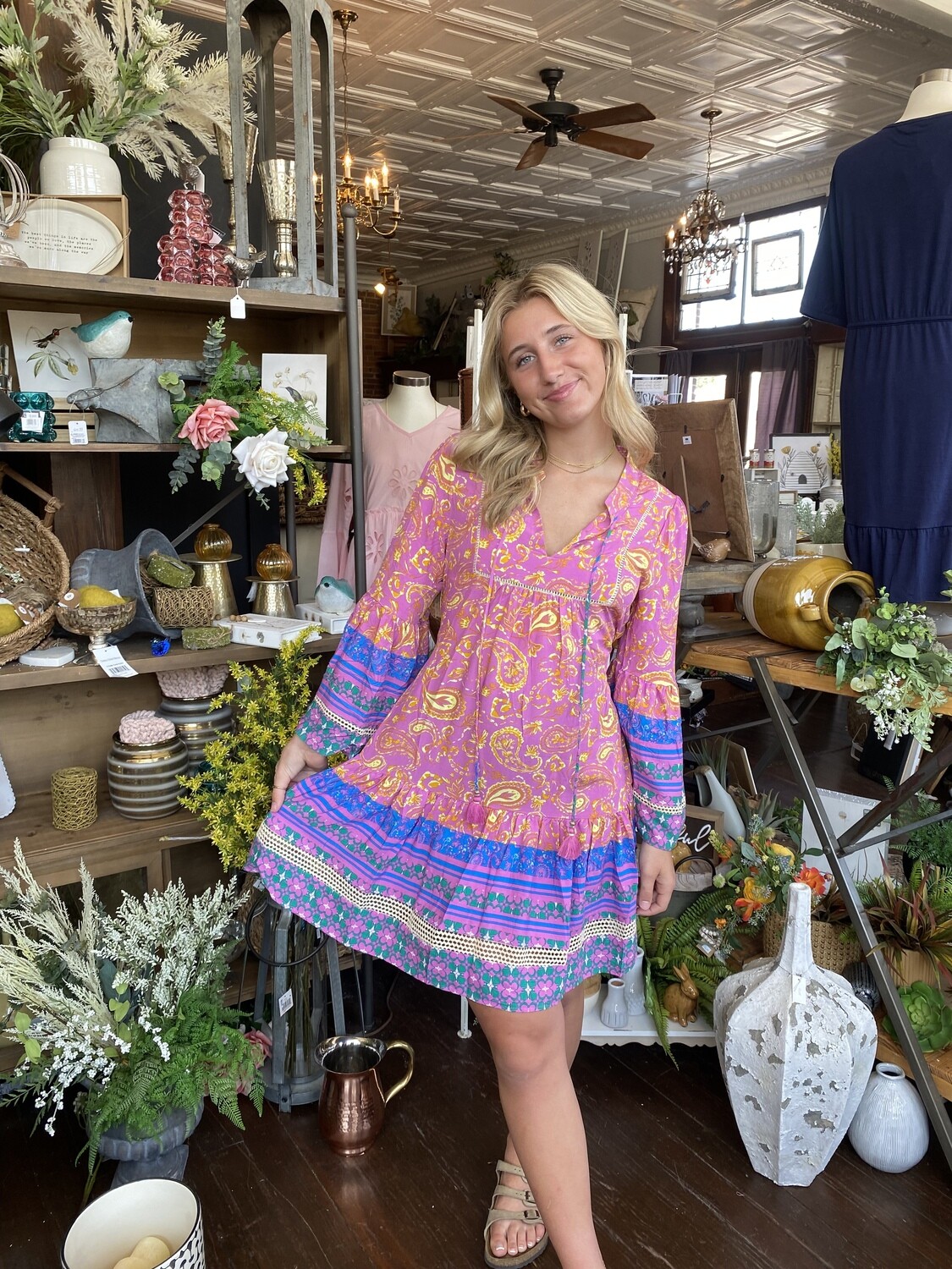 Pink Multi-Color Tudor Ruffle Sleeve Tunic Dress
