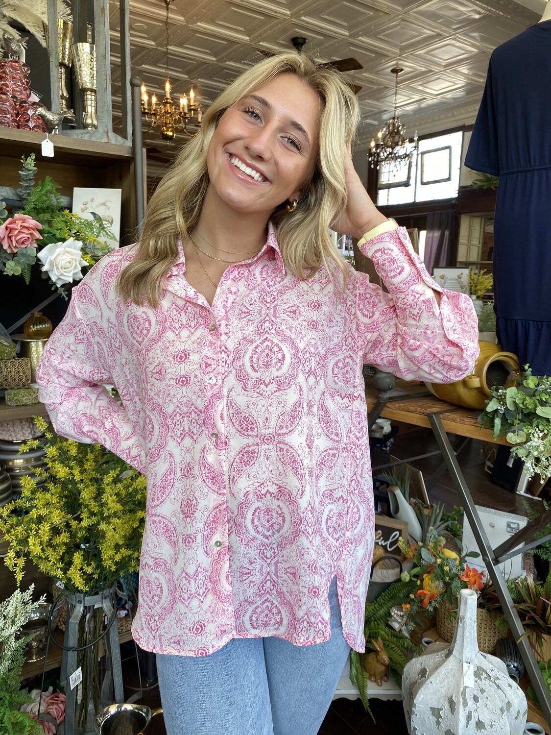 Pink Paisley Button-Up Long Sleeve Top