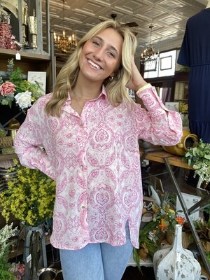 Pink Paisley Button-Up Long Sleeve Top
