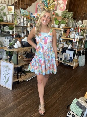 Print Square Neck Sleeveless Tiered Mini Dress