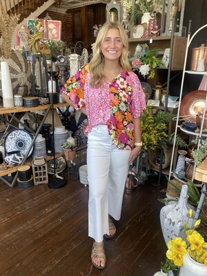 Mixed Print V-Neck Top 