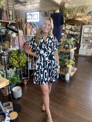 Print V-Neck Mini Dress w/ Pleat Detail