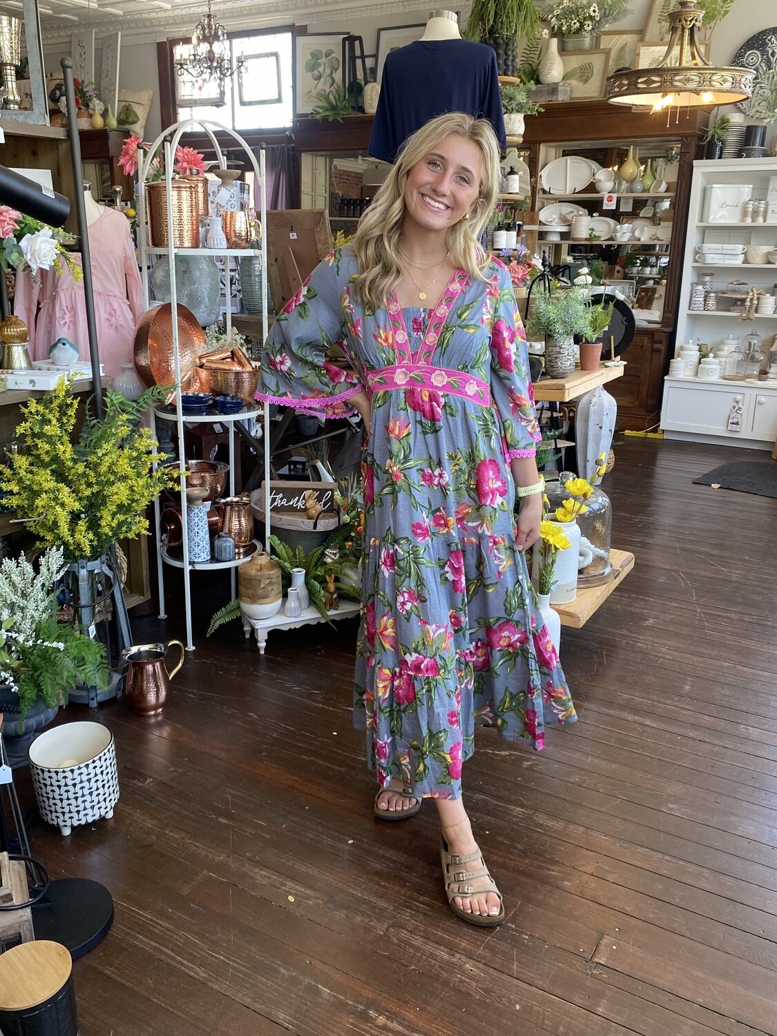 Cotton Grey Floral w/Pink Trim Maxi
