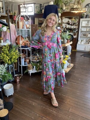 Cotton Grey Floral w/Pink Trim Maxi