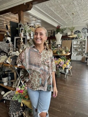 Printed Half Sleeve Blouse Top w/Button Dn &amp; Colla