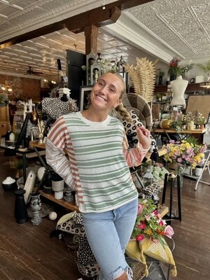 Sage Mix L/S Striped Sweater Top w/ Crew Neck