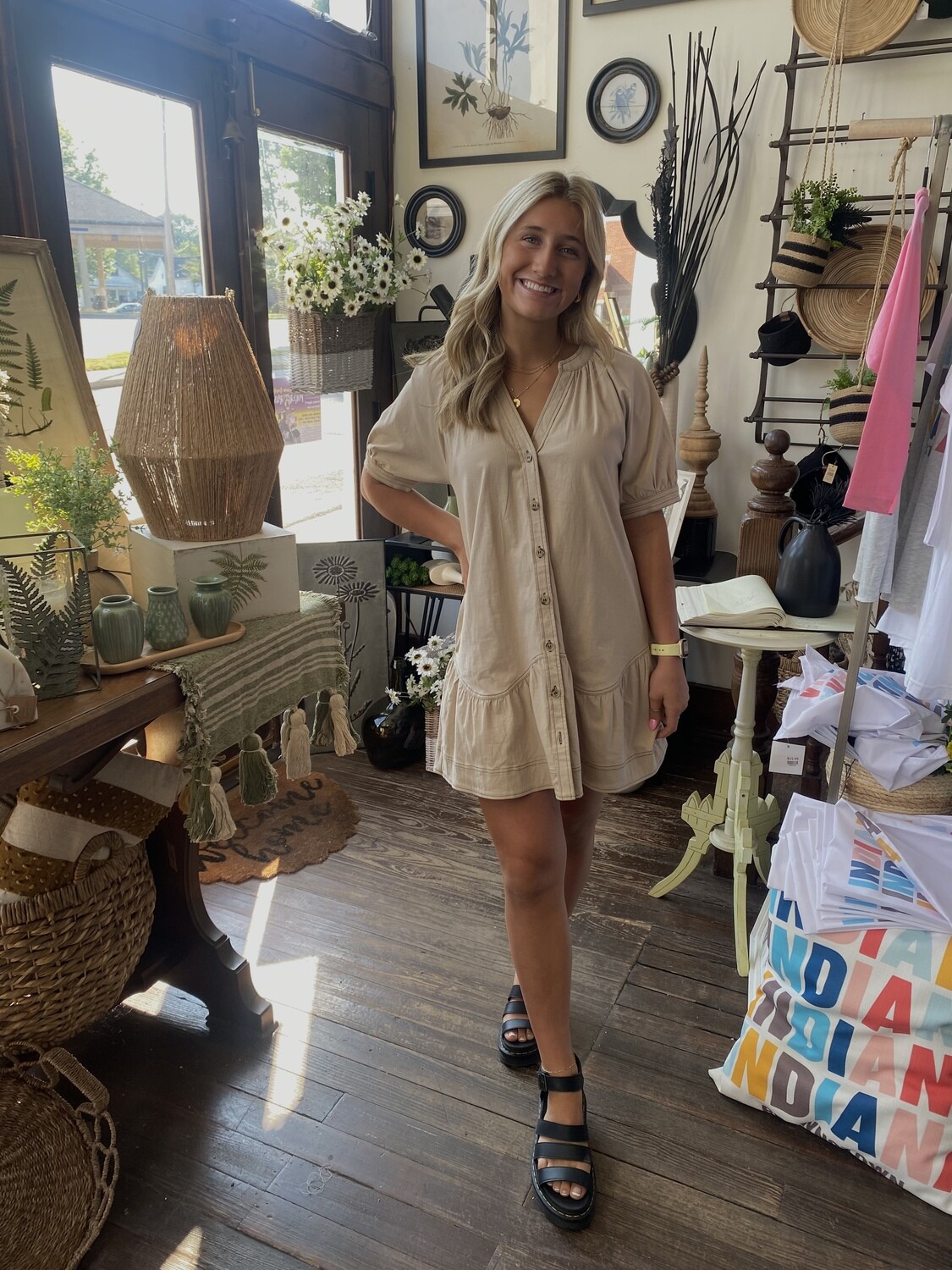 V-Neck Short Sleeve Tan Mini-Dress