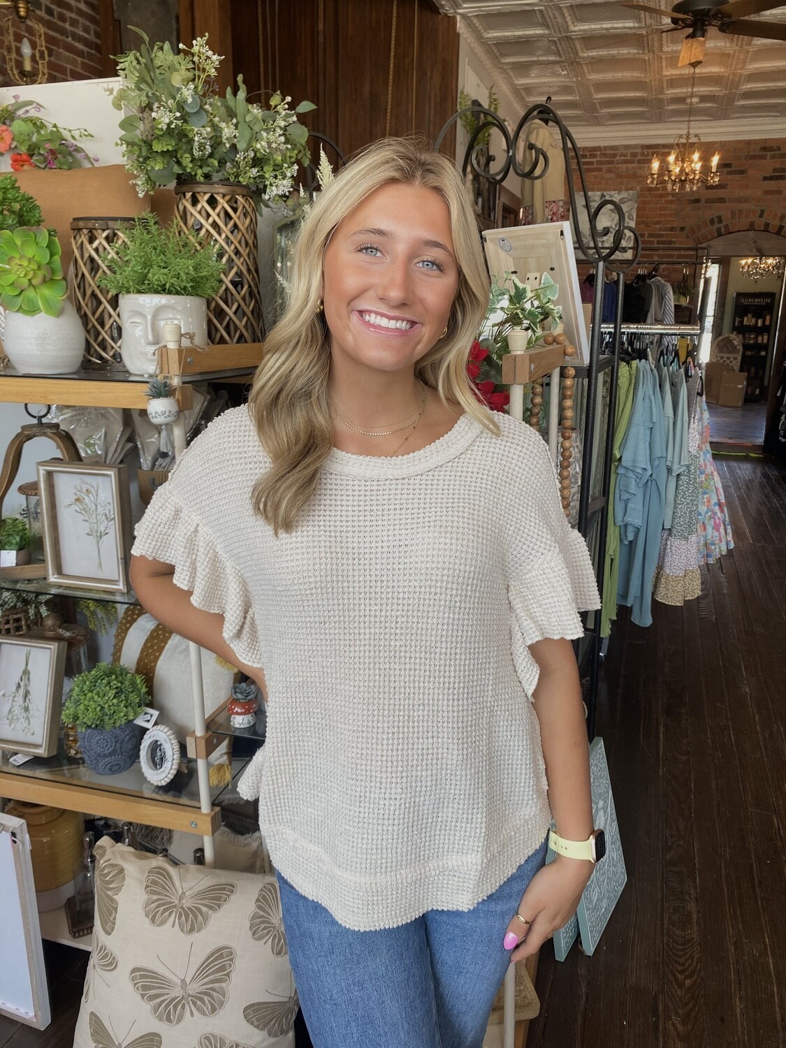 Ruffle Sleeve Waffle Knit Top