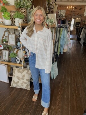 Crinkle-look neutral plaid Button-down top