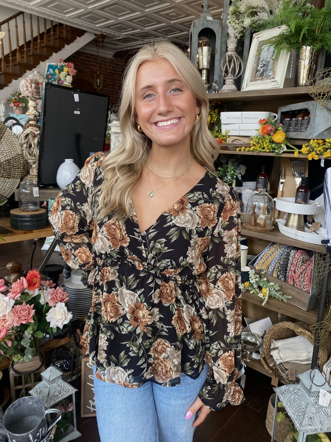 Floral Print Peplum 3/4 Sleeve Top