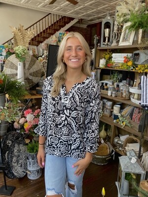 V-Neck 3/4 Sleeve Blouse - Black &amp; White