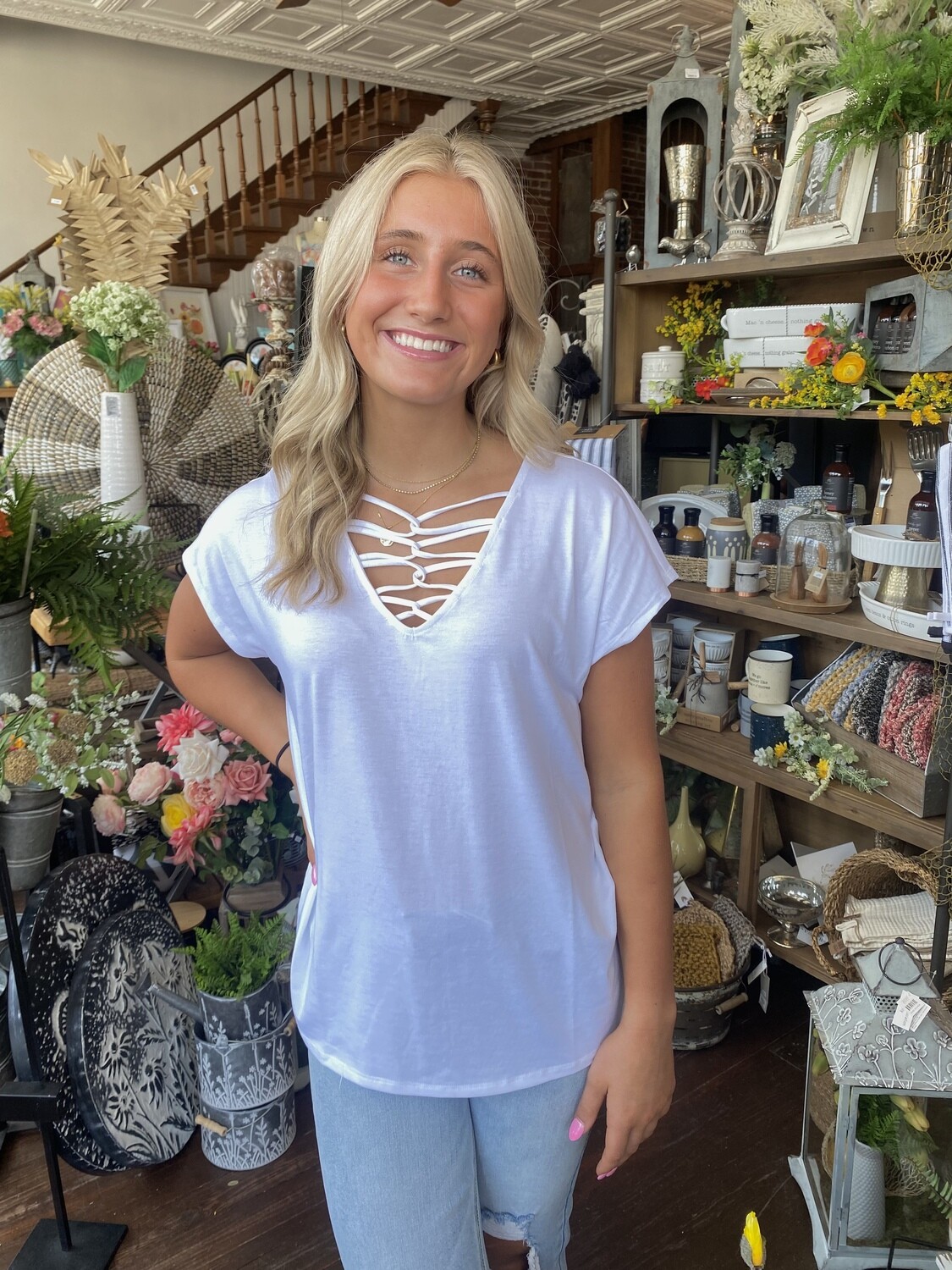 Lattice Neck Short Sleeve Top