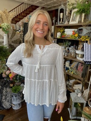 Lourdes Gauzy Swiss Dot Tiered Blouse