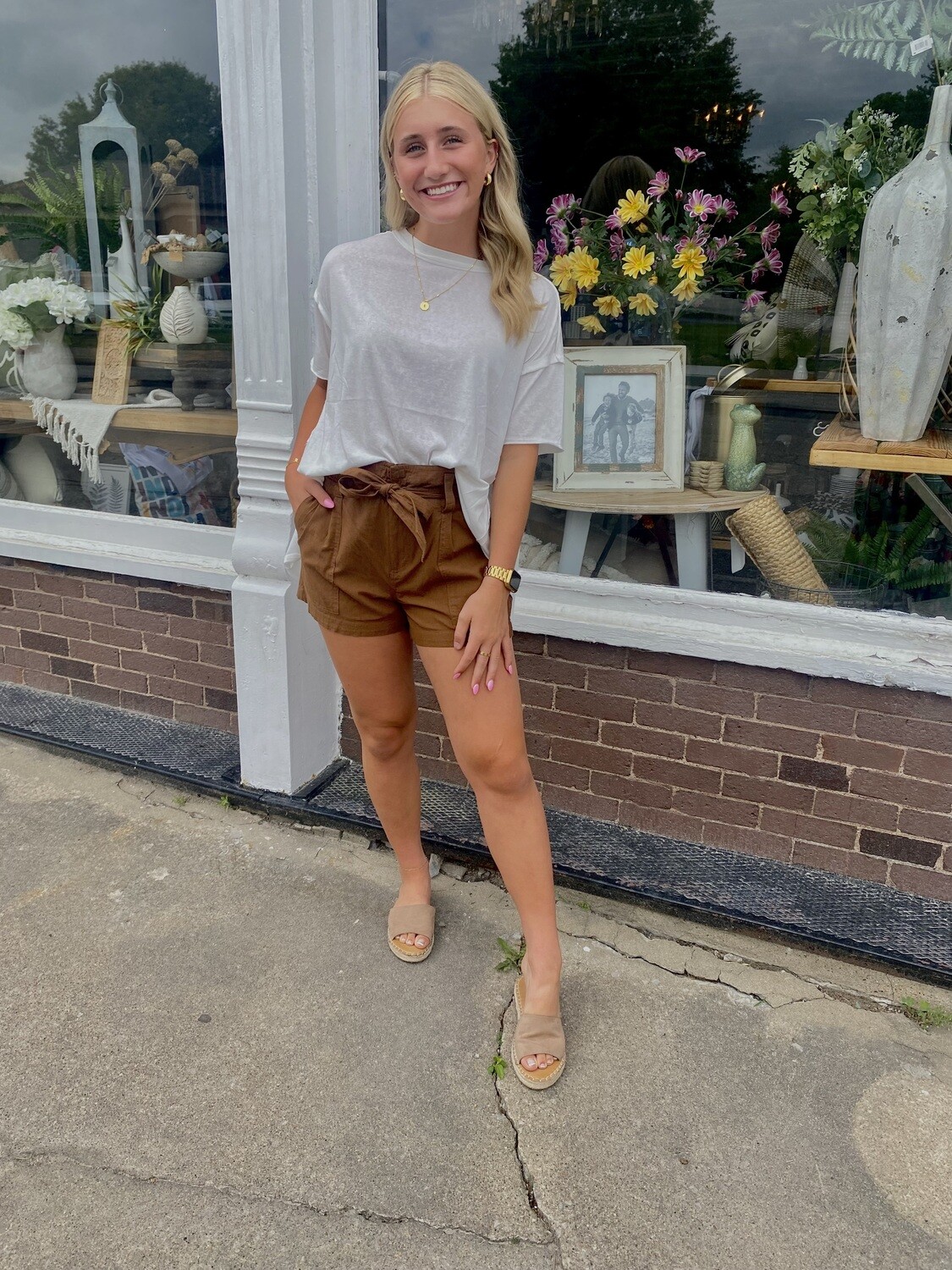 Mineral Washed Brown Tie Front Shorts
