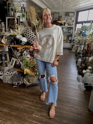 Mineral Washed Terry Floral Peace Sign Pullover