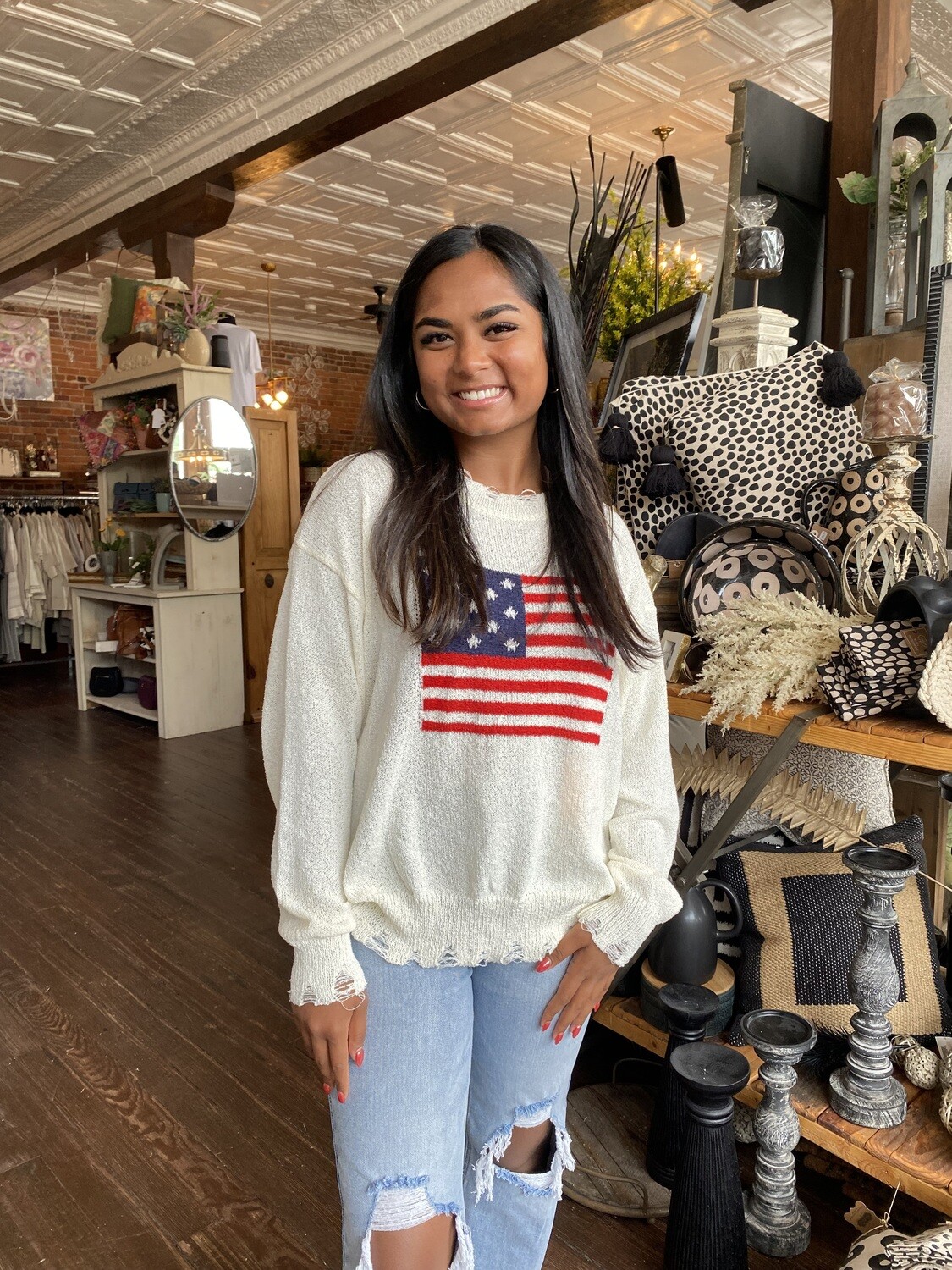 American Flag Knit Distressed Sweater