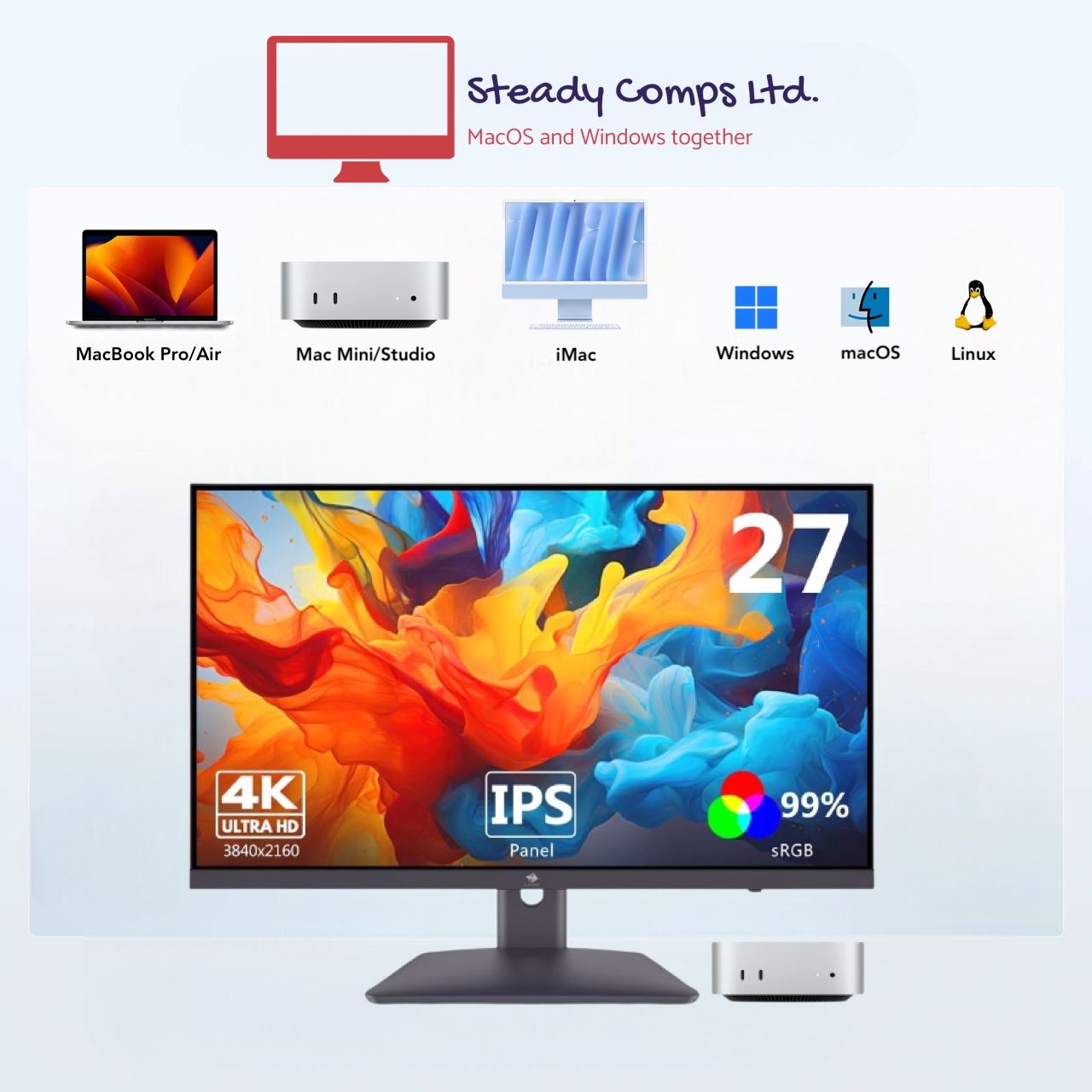 Apple Mac Mini M4/27-Inch 4K Monitor/16GB RAM/256GB+2TB SSD Time Machine Backup/Windows+Office/iMac 27&quot; Upgrade Bundle