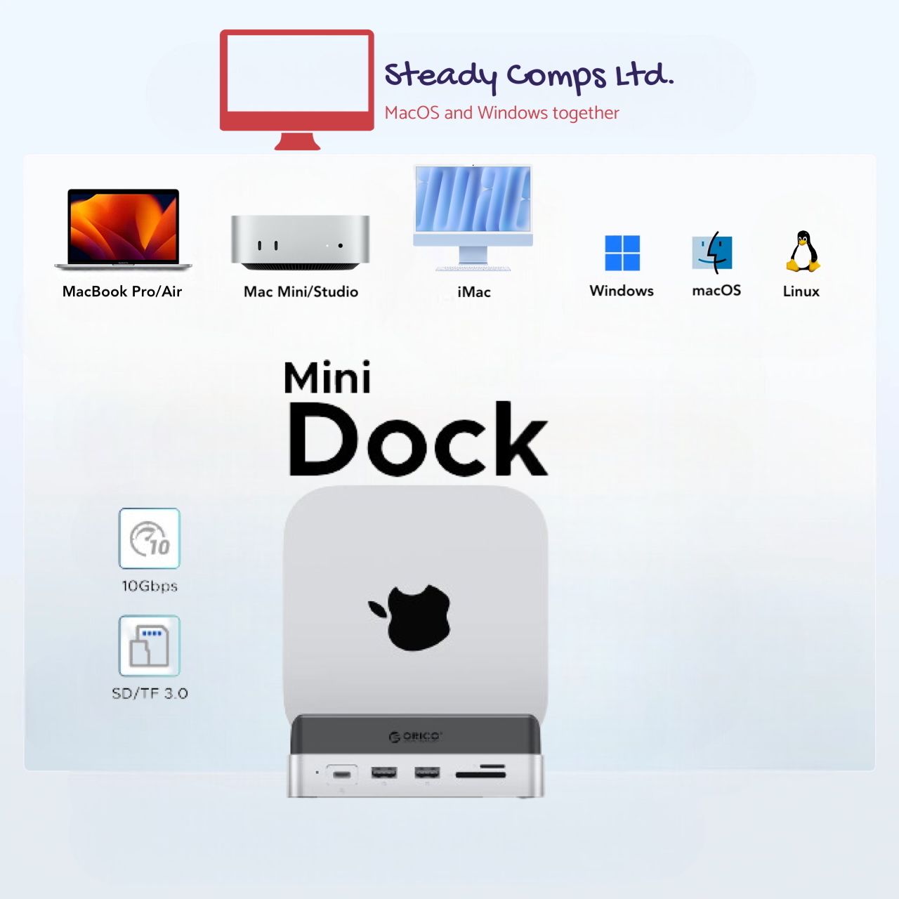 Mac Mini M4/16GB RAM/256GB+2TB SSD/HDMI Dock/Windows 11+Office+Keyboard+Webcam+DVD