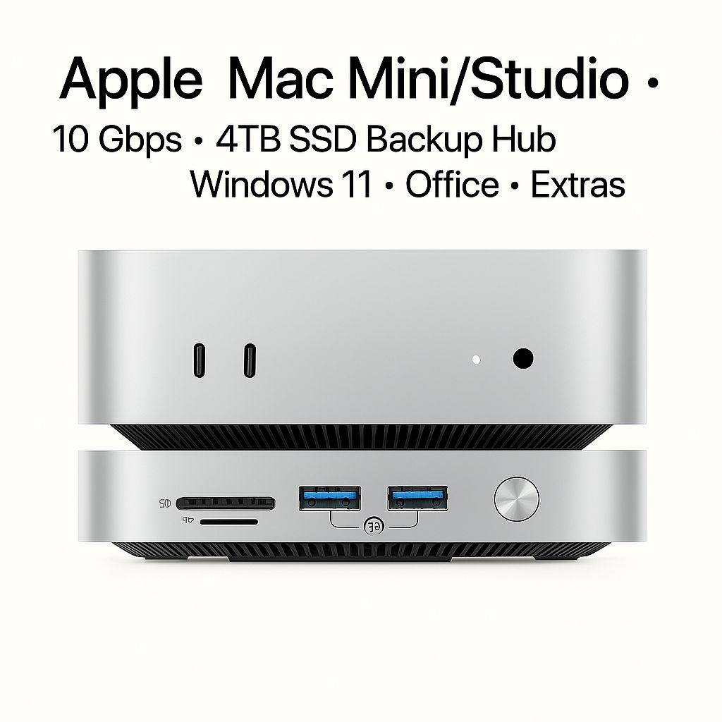 Apple Mac Mini M4 • 16GB RAM • 256GB • 40Gbps Hub • 4TB SSD • Windows 11 Pro • Office • Extras