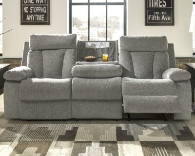 Mitchiner Reclining Sofa with Drop Down Table Fog