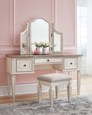 Realyn Vanity and Mirror with Stool