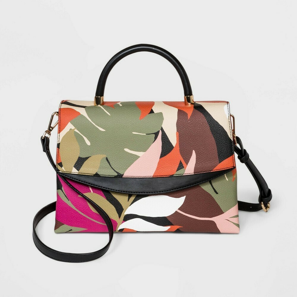 Leaf Print Magnetic Closure Top Handle Satchel Handbag - A New Day Black/Pink