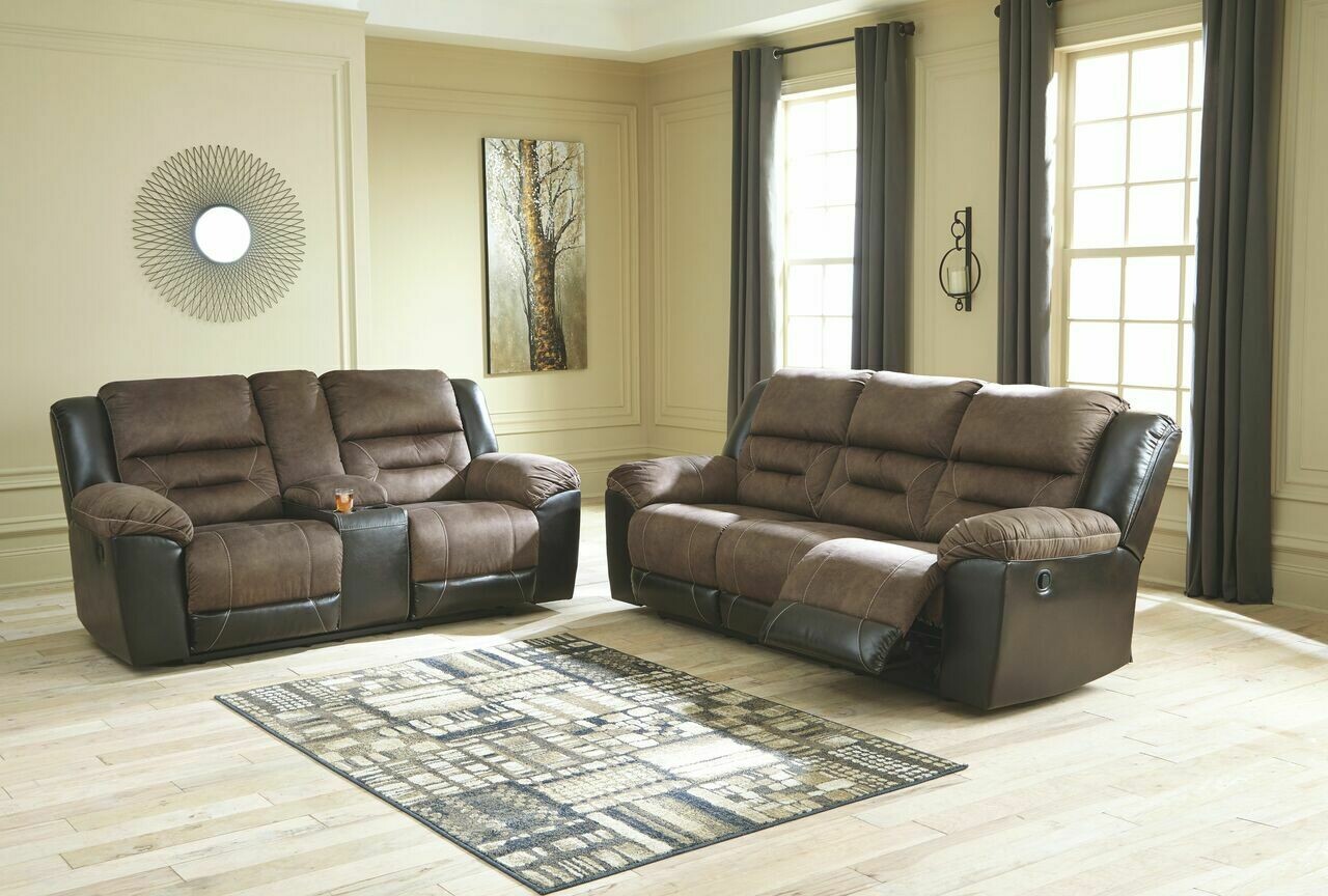 Earhart Chestnut Reclining Sofa & Double Reclining Loveseat with Console