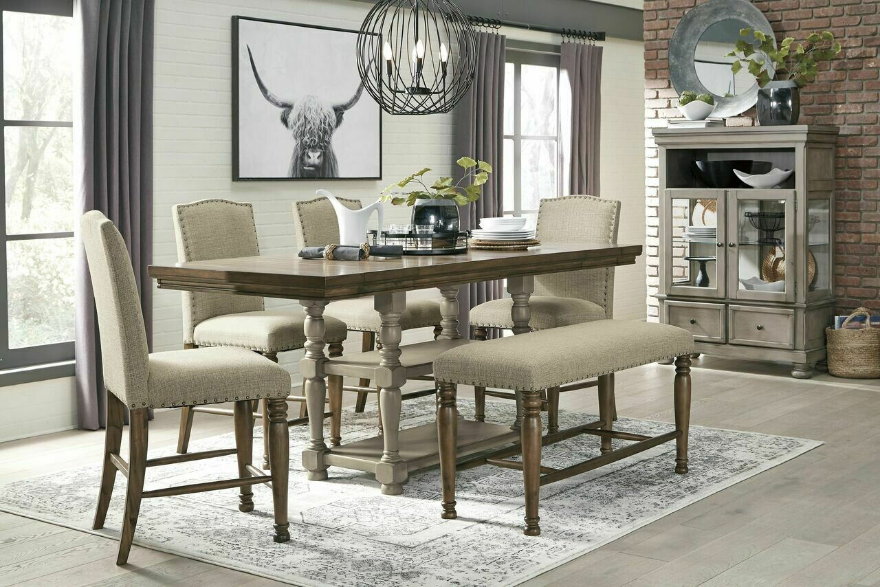 Lettner Gray/Brown 6 Pc. Rectangular Counter Extension Table, 4 Upholstered Barstools & Upholstered Bench