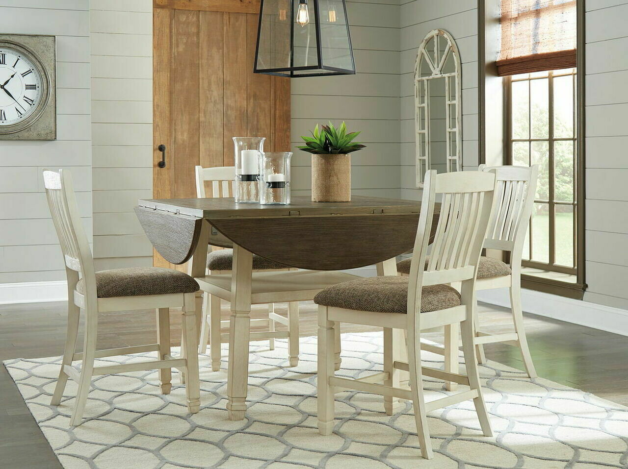 Bolanburg Two-tone 5 Pc. Round Drop Leaf Counter Table & 4 Upholstered Barstools