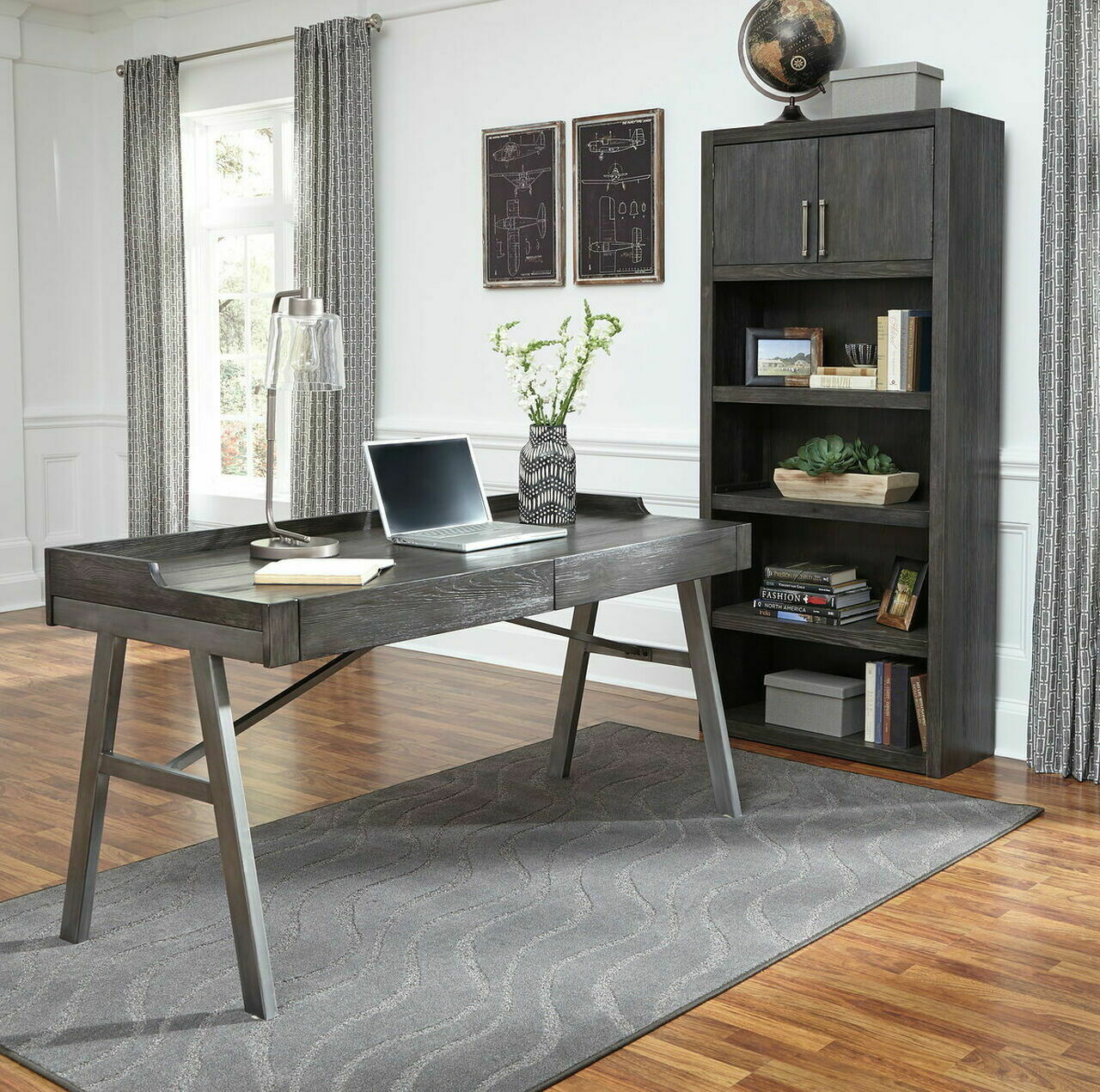Raventown Grayish Brown Home Office Desk & Large Bookcase